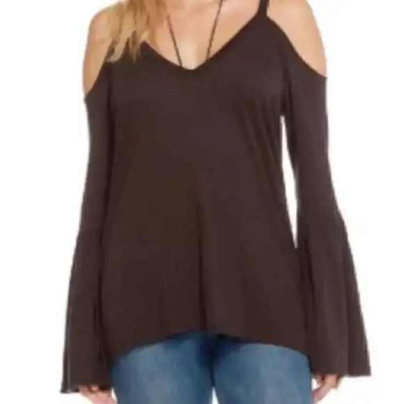 NWT Chaser Revolve COLD SHOULDER PEPLUM SLEEVE VINTAGE JERSEY Union Black Top M - Picture 1 of 9